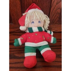Vintage Dolly Mine Doll Yellow Yarn Hair  Plush Christmas Sweater Santa Hat 1987